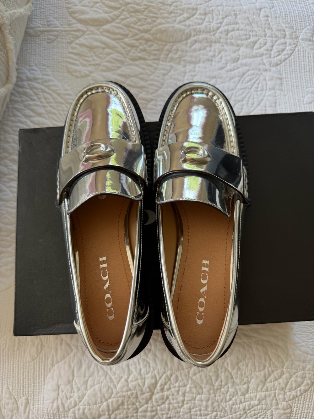 Coach Women's Metallic Silver Platform Penny Loafers - Picture 2 of 7